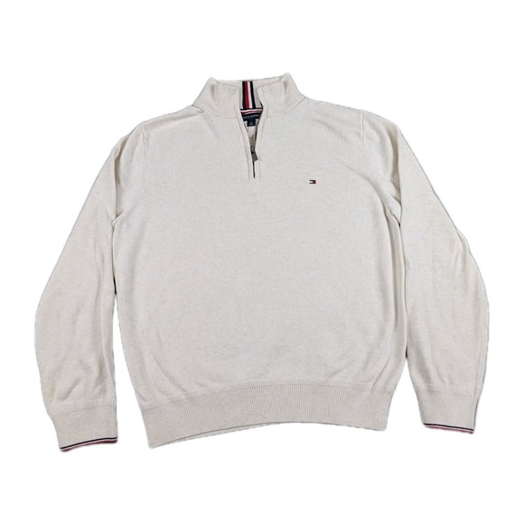 Tommy Hilfiger Sweater Mens Large Off White‎ Quarter Zip Knit Jacket Outerwear - Picture 1 of 12